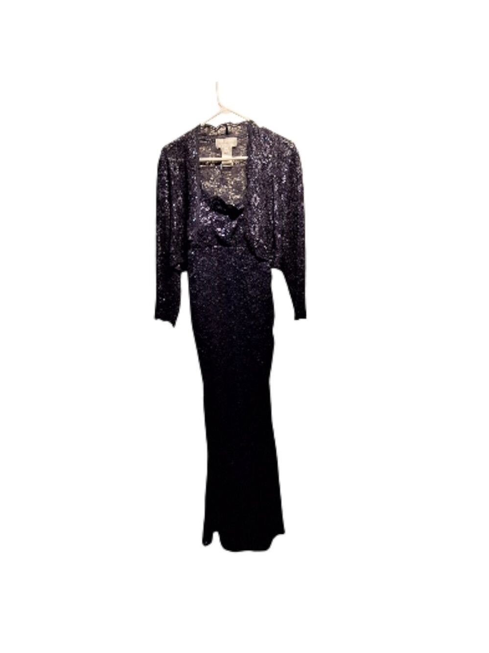 Jeanne Alexander Navy Flower Sequins Lace Maxi Dress 14